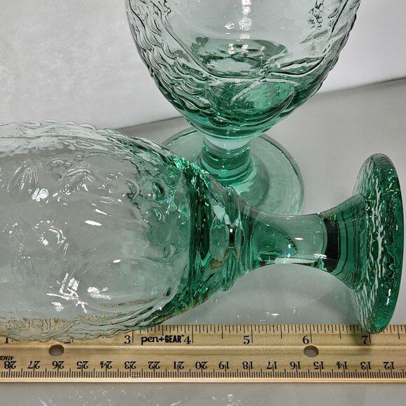 2 Libbey Glass Orchard Fruit Green Goblets 7" water ice tea glasses 16oz embosse - Picture 5 of 6